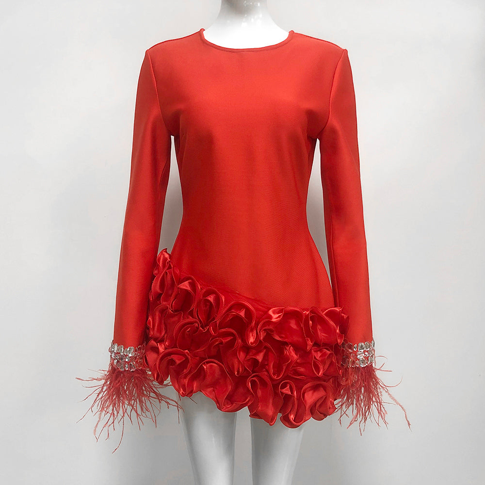 Crystal Feather Long Sleeve Ruffle Dress Red HV9972