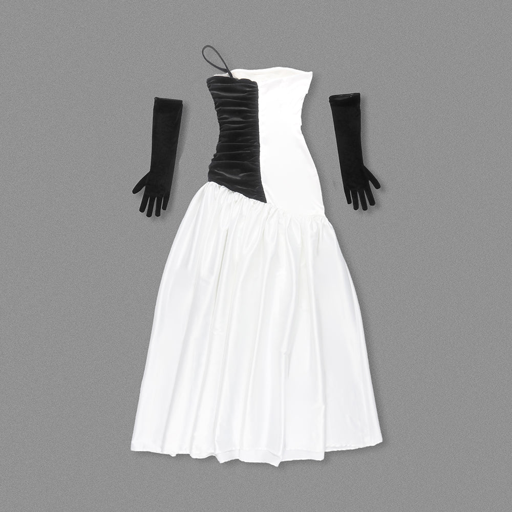 One Shoulder Velvet Insert Maxi Dress Black White HV2075
