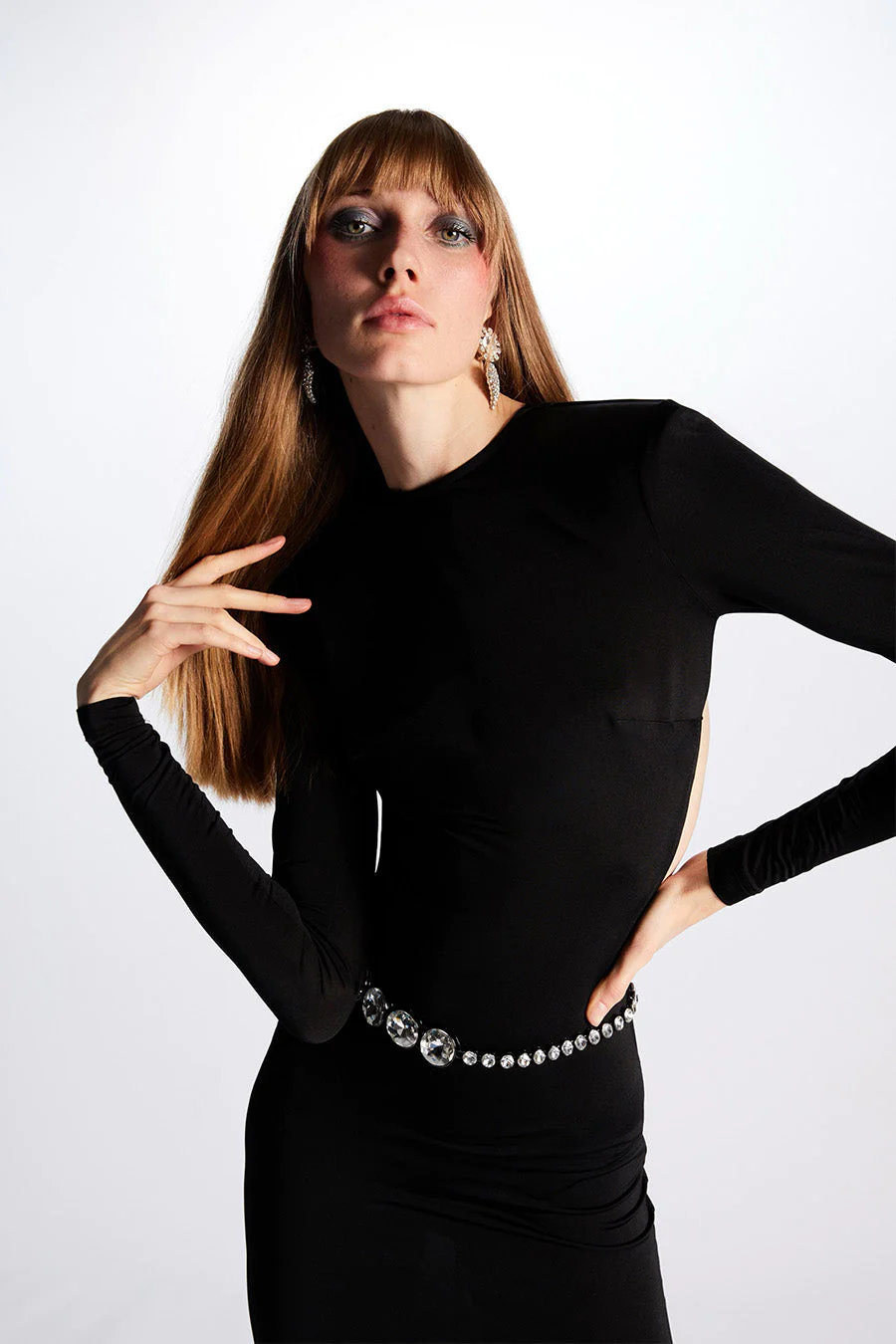 Long Sleeve Crystal Belt Maxi Dress Black HV9973