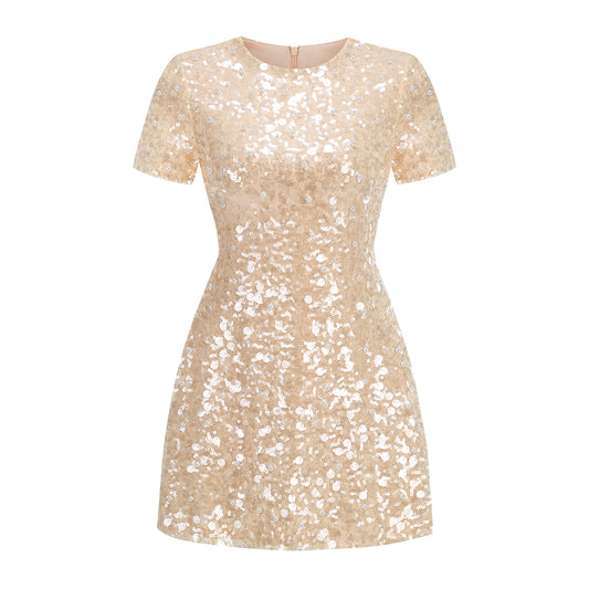 Short Sleeve Pearl Sequin A Line Dress Ivory HV1769