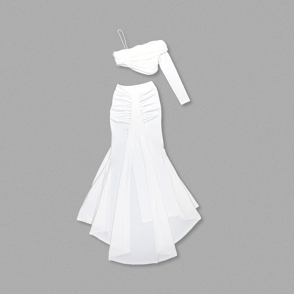One Sleeve Ruched Two Piece Maxi Dress White HV1078
