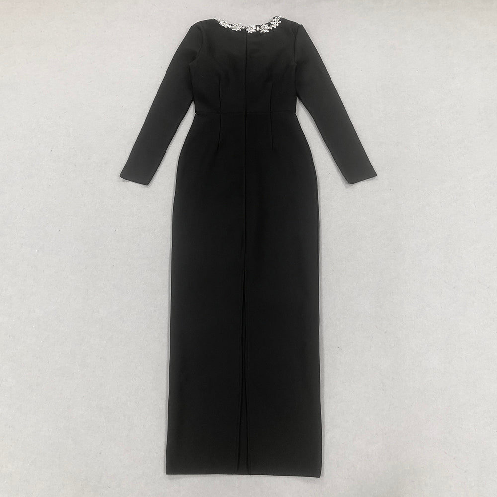 Long Sleeve Crystal Maxi Dress Black HV1807