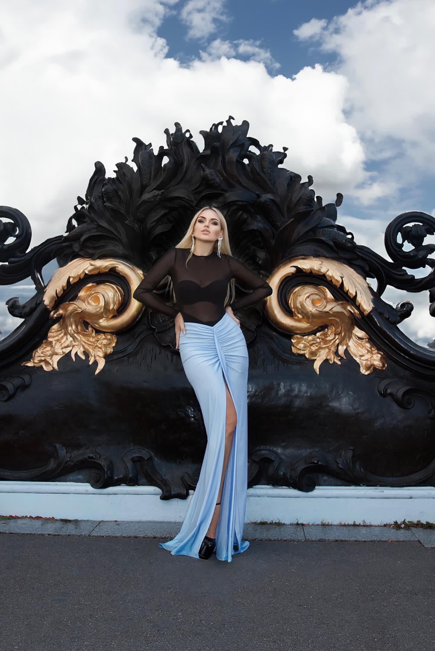 Long Sleeve Draped Maxi Two Piece Dress Black Blue HV9678