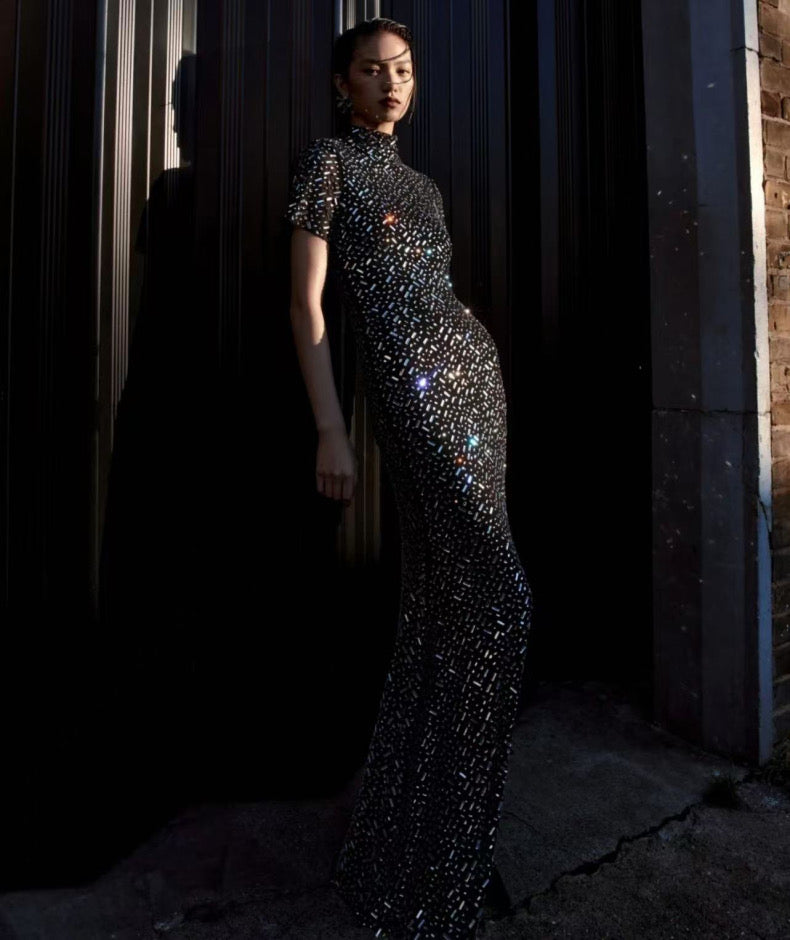 Short Sleeve Crystal Mesh Maxi Dress Black HV2209