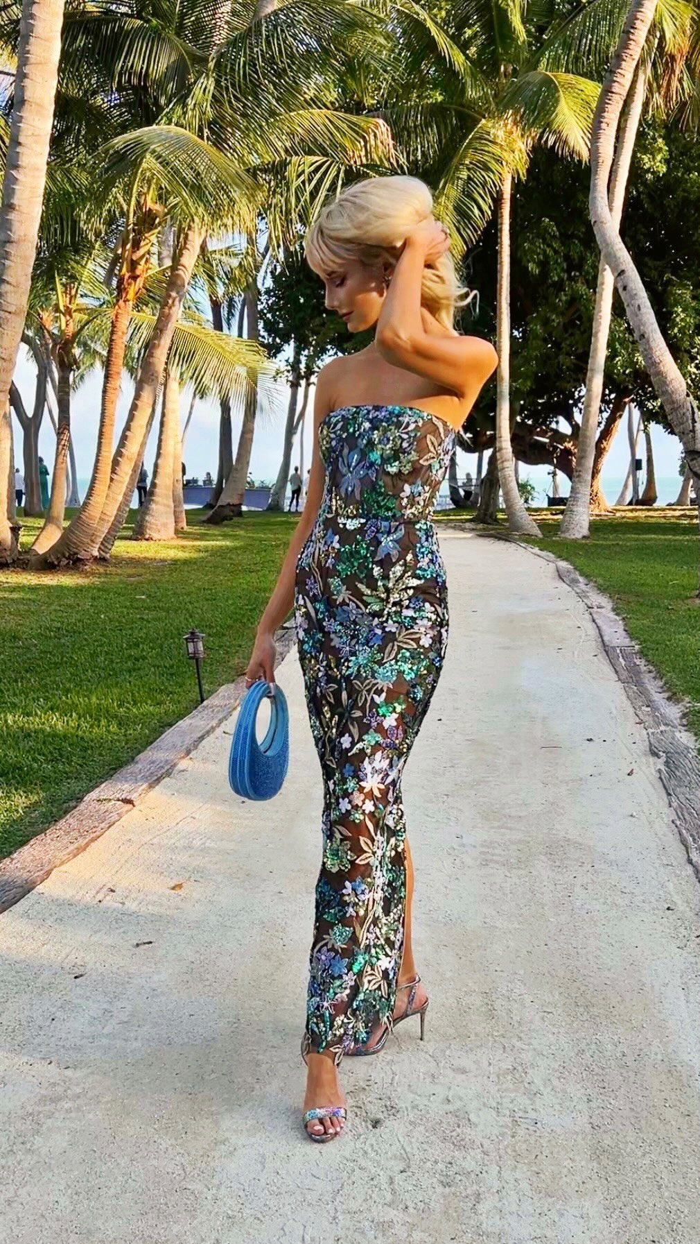 Strapless Sequin Floral Lace Maxi Dress Green HV1152