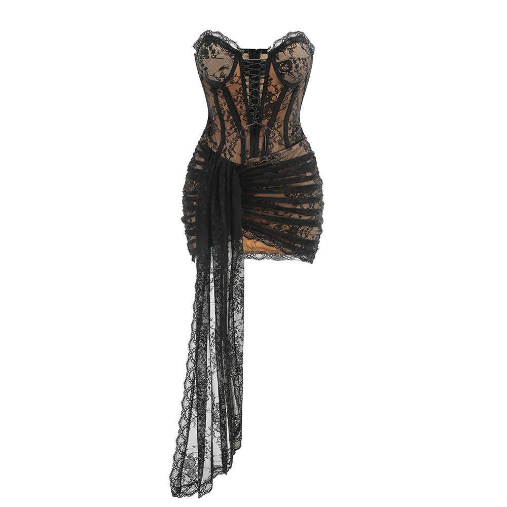 Strapless Draped Lace Corset Dress Black HV2157