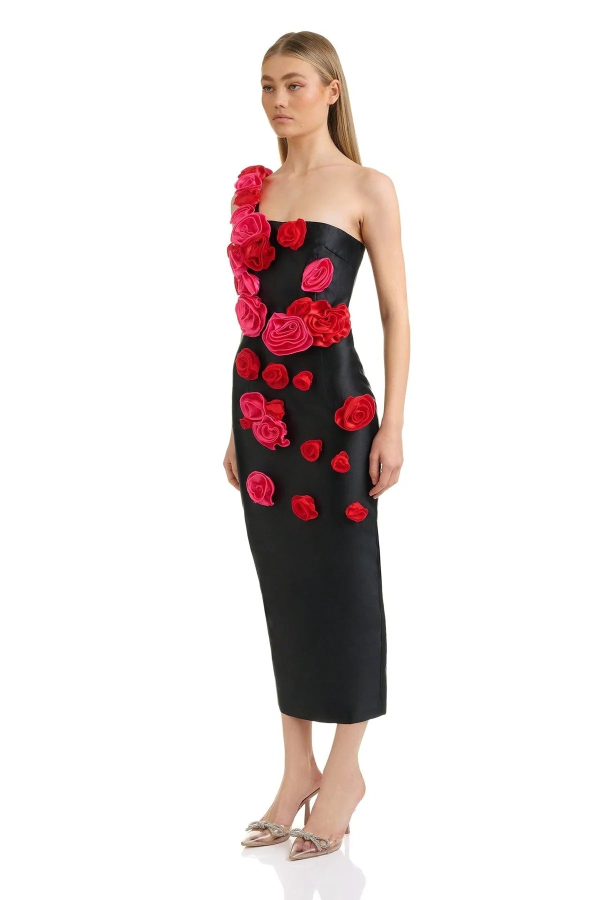 One Shoulder Rose Detail Midi Dress Black HV1094