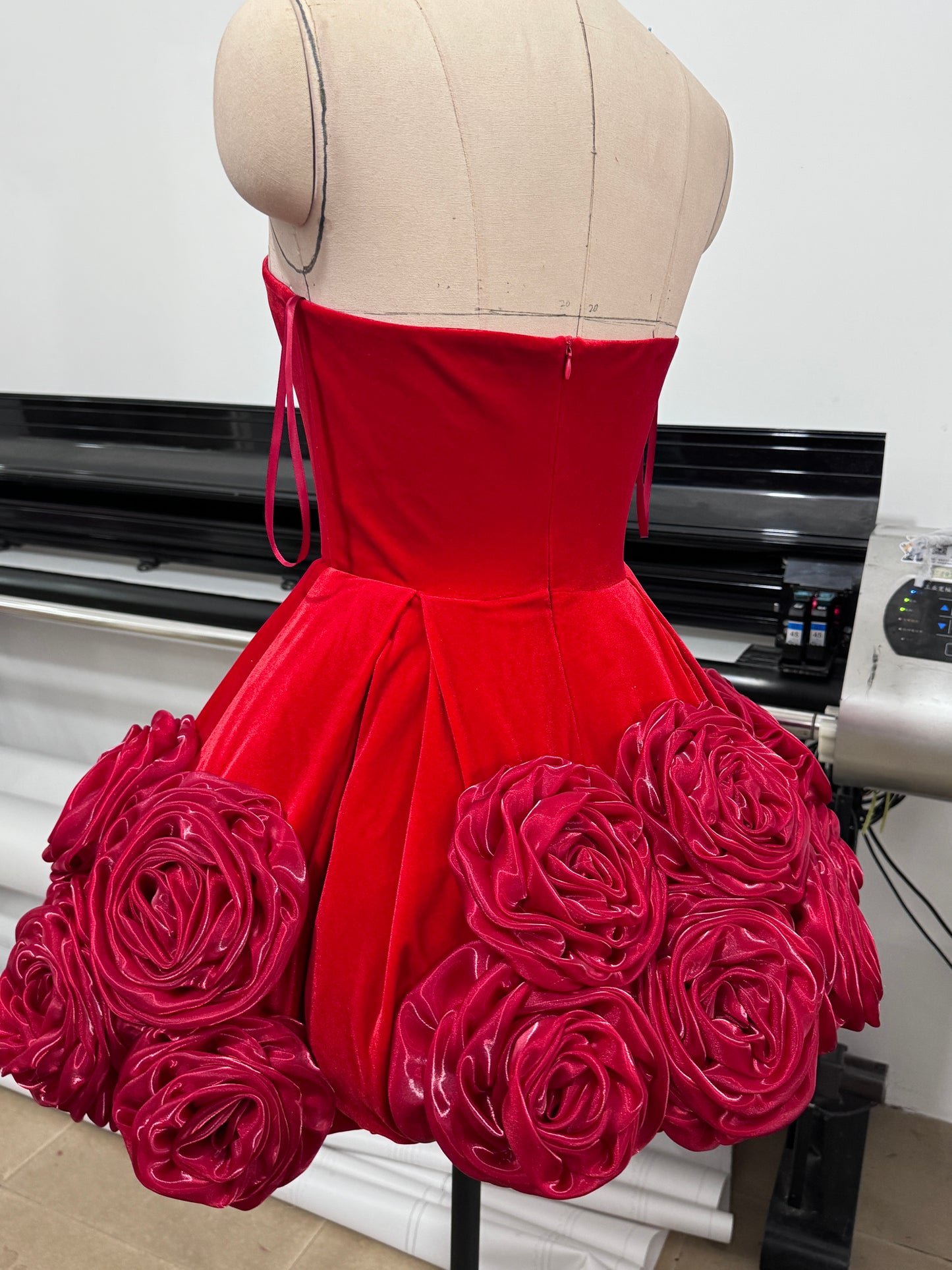 Strapless Floral A Line Velvet Dress Red