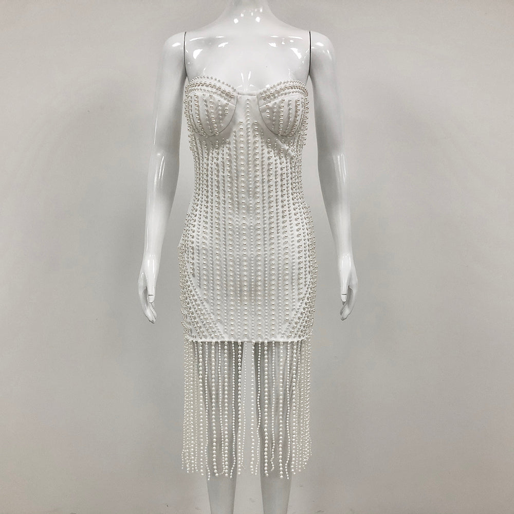 Strapless Bustier Pearl Tassel Midi Dress HV1353