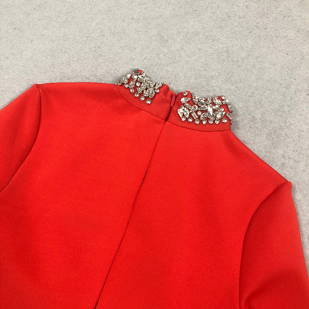Long Sleeve Crystal Detail Midi Dress Red HV1687