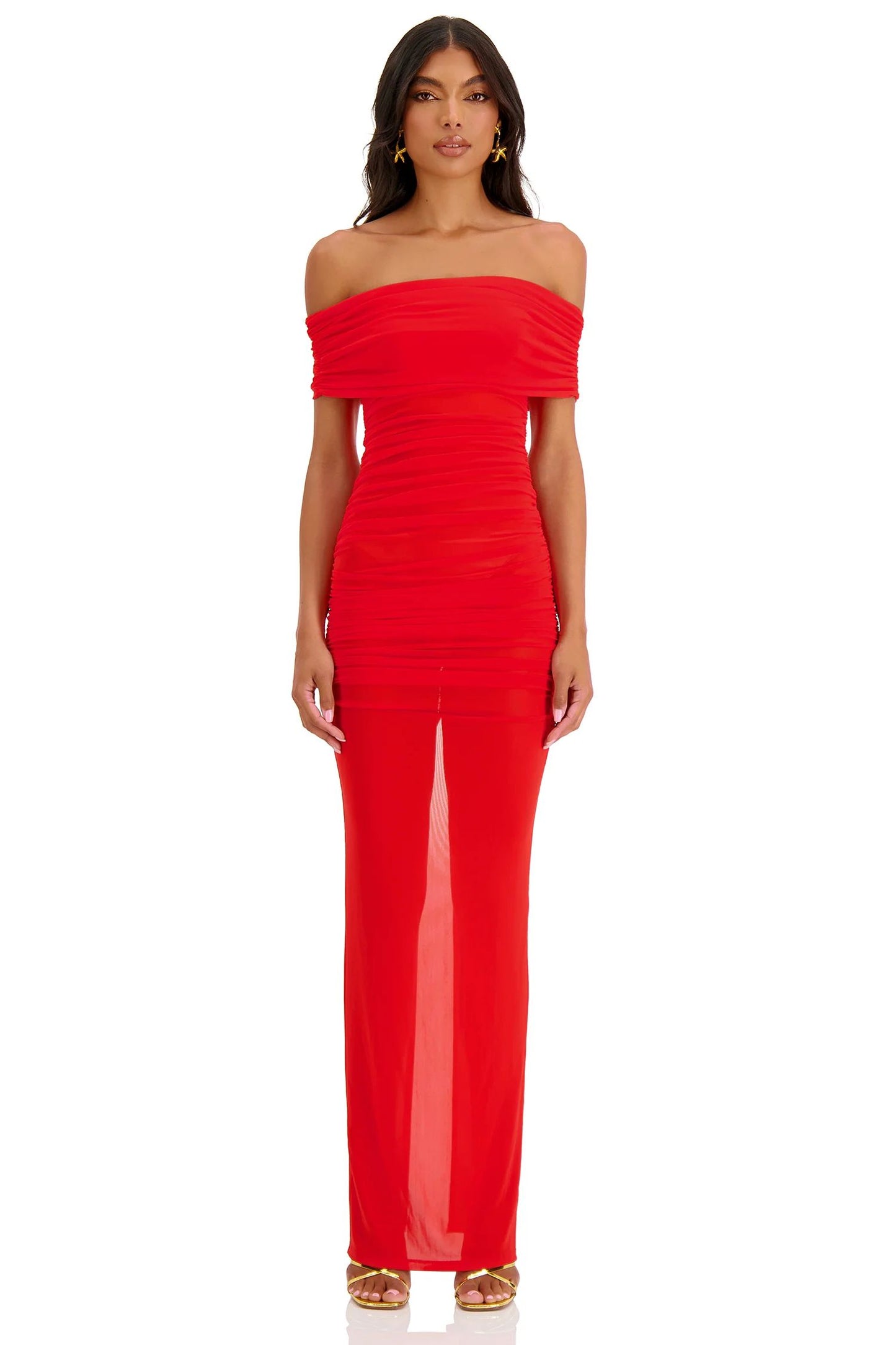 Draped Bardot Maxi Dress Red