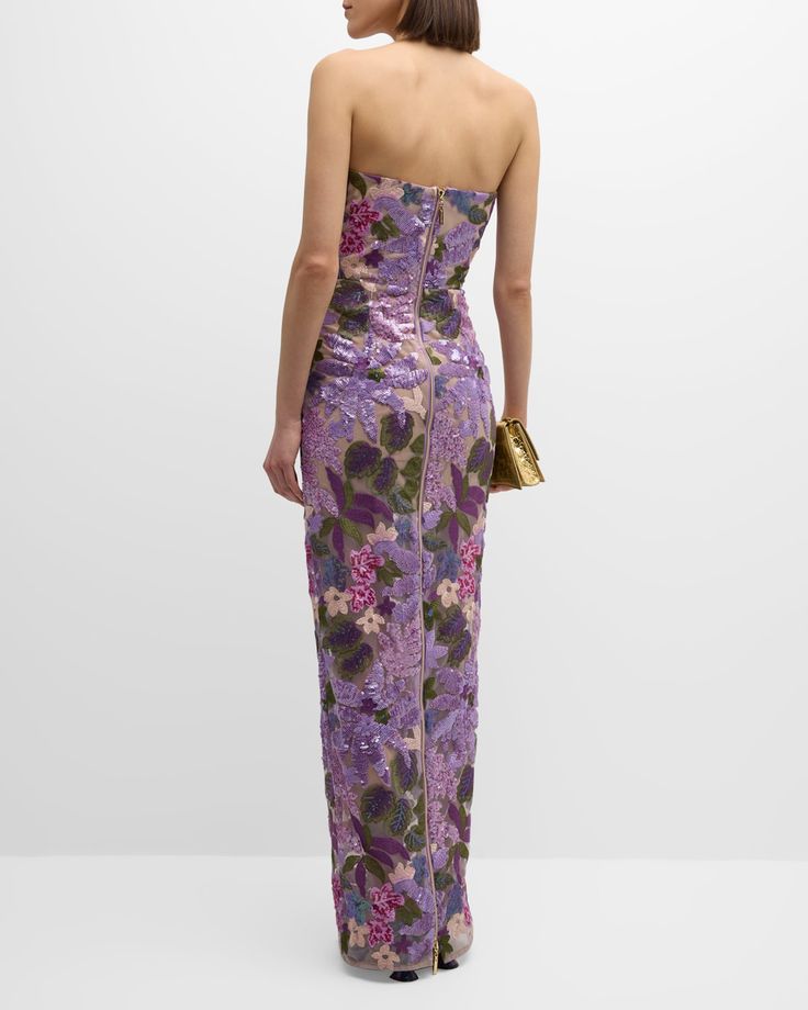 Strapless Floral Sequin Bustier Maxi Dress Lavender HV1373