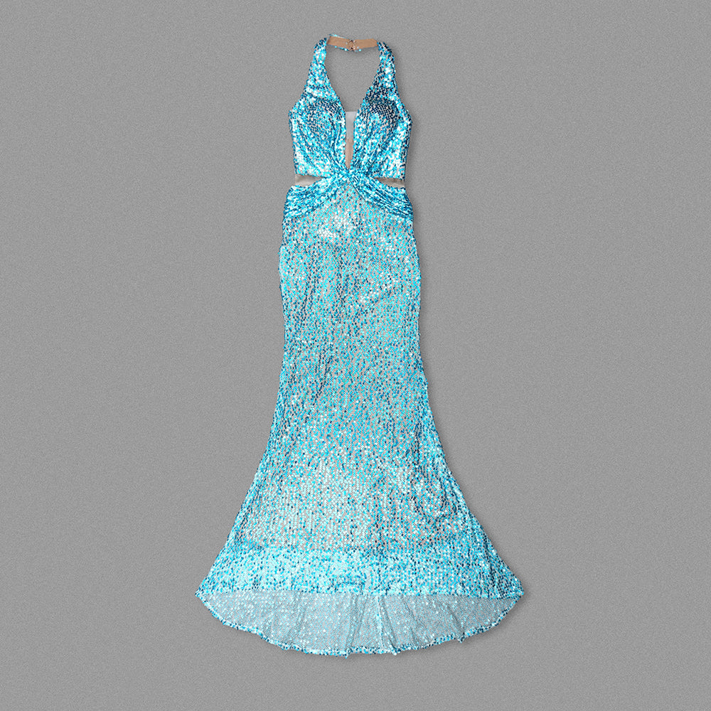 Halter Sequin Maxi Dress Turquoise HV1539