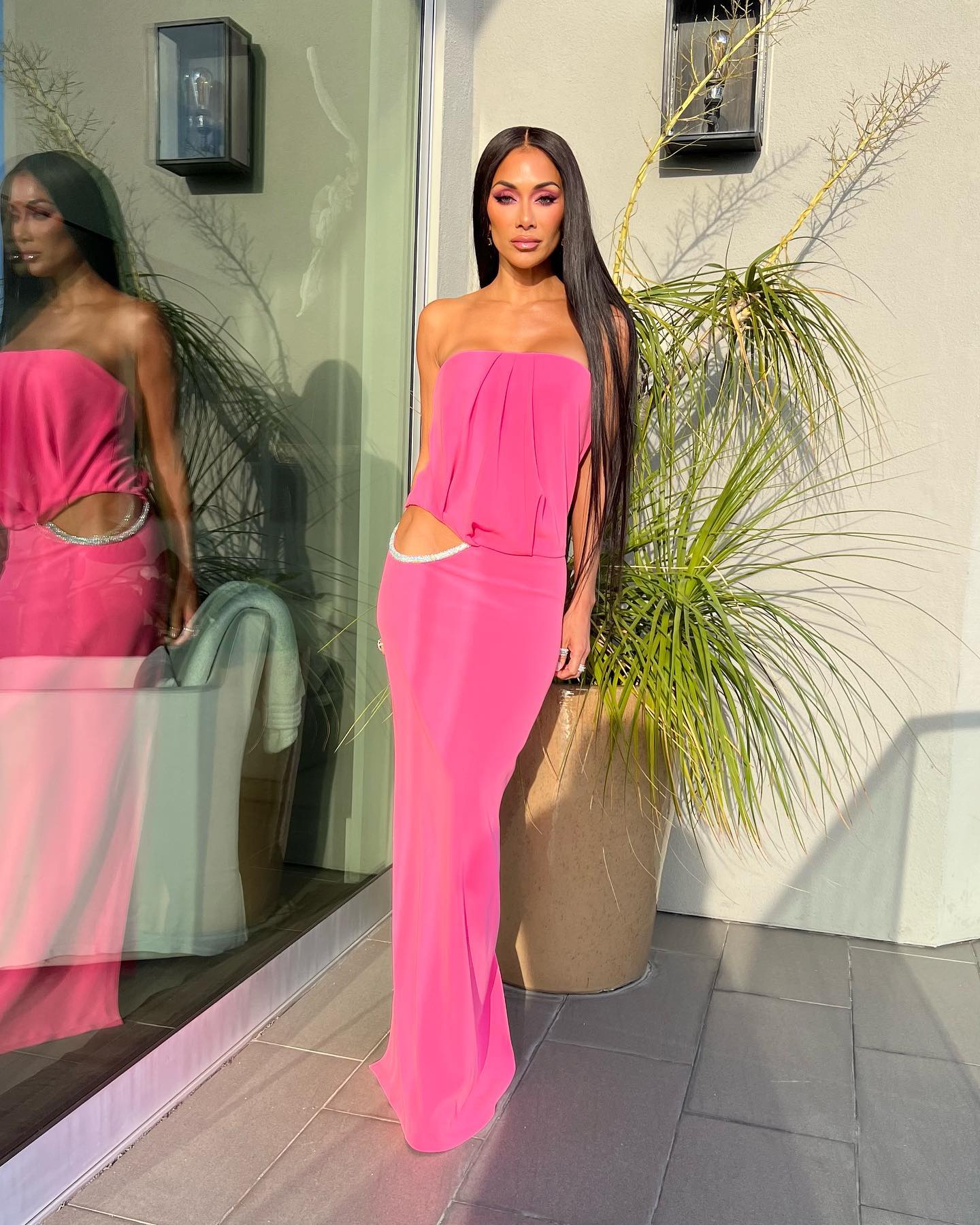 Strapless Crystal Cut Out Maxi Dress Hot Pink HV9724