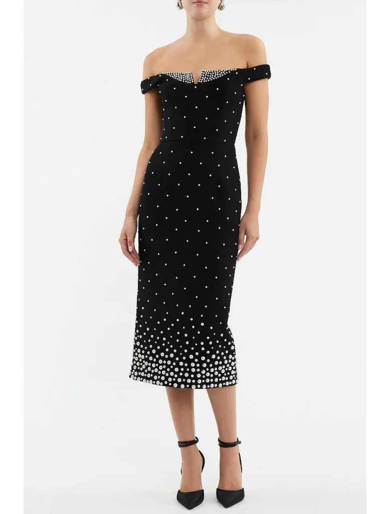 Pearl Bardot Midi Dress Black HV1770