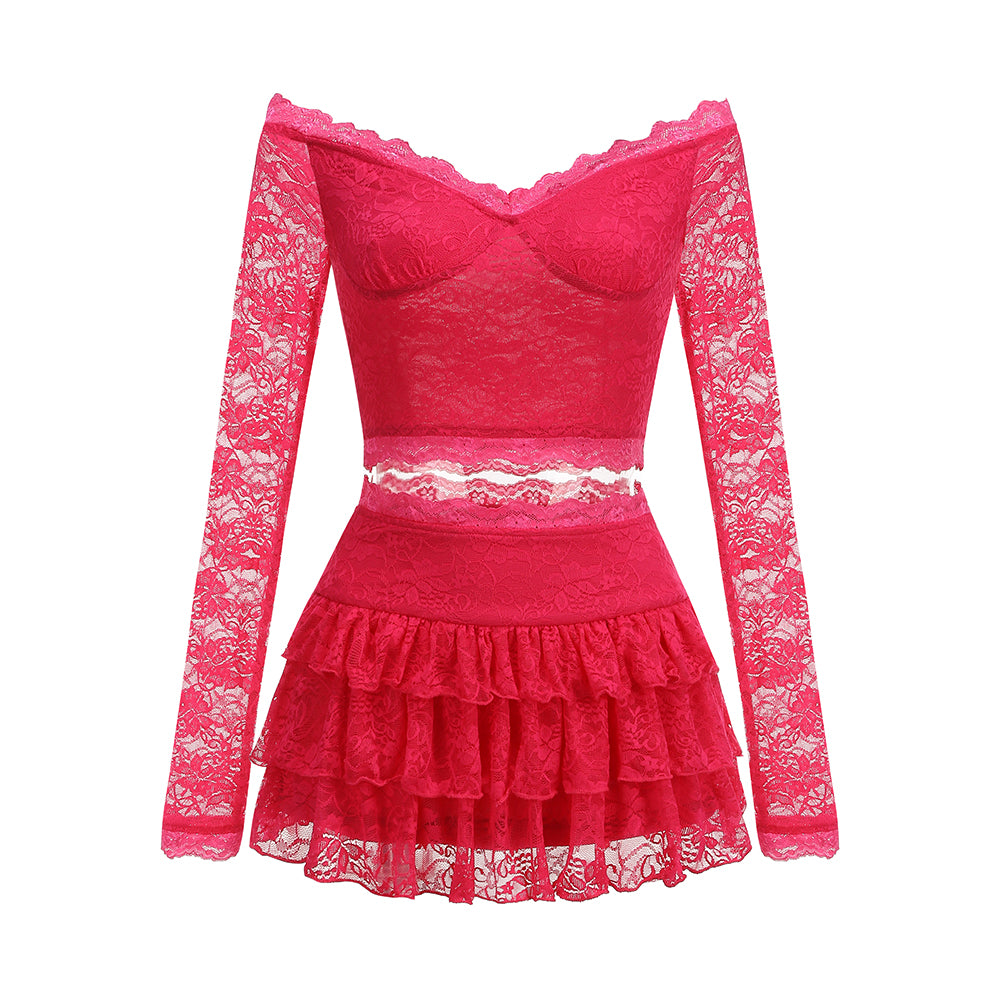 Long Sleeve Lace Ruffle Two Piece Dress Hot Pink HV1434