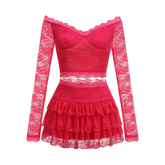 Long Sleeve Lace Ruffle Two Piece Dress Hot Pink HV1434