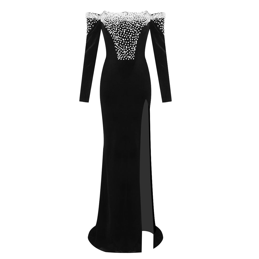 Long Sleeve Bardot Pearl Maxi Velvet Dress Black HV2093