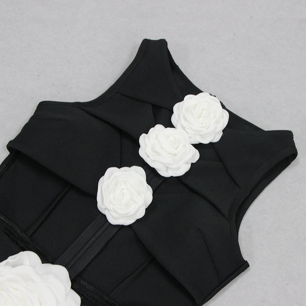Floral Detail Midi Dress Black White HV1398