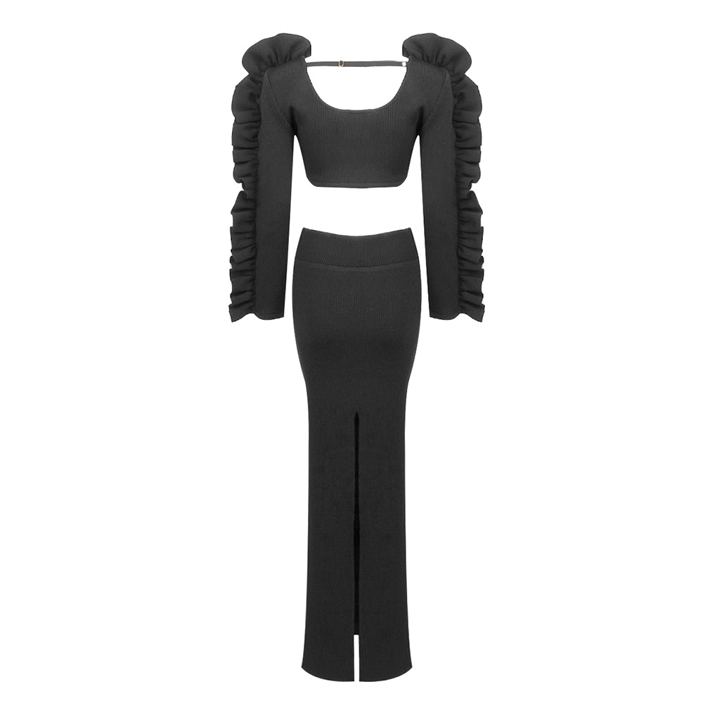 Ruffle Long Sleeve Two Piece Maxi Dress Black HV1030