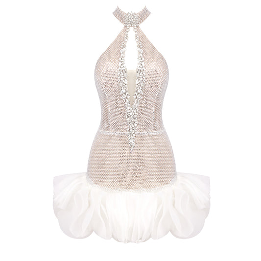 Halter Crystal Ruffle Dress White HV1827