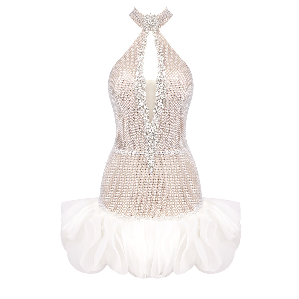 Halter Crystal Ruffle Dress White HV1827