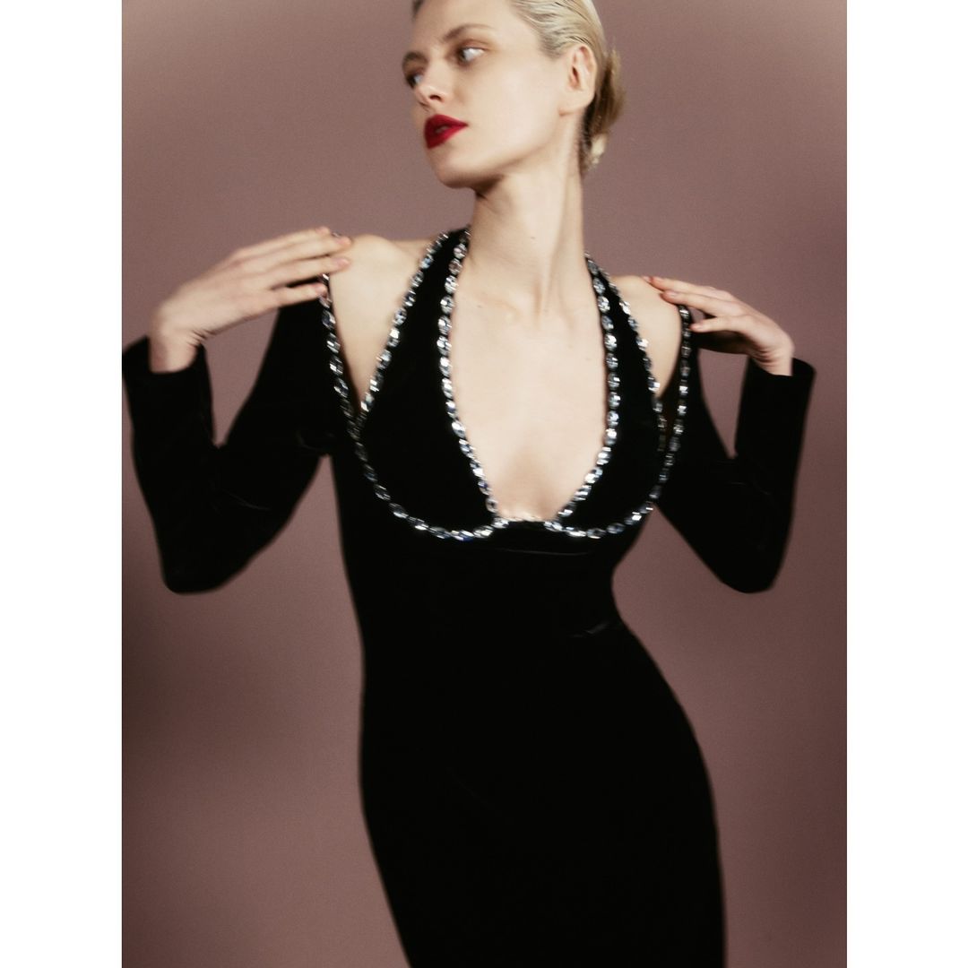 Long Sleeve Halter Crystal Bustier Maxi Dress Black HV1808