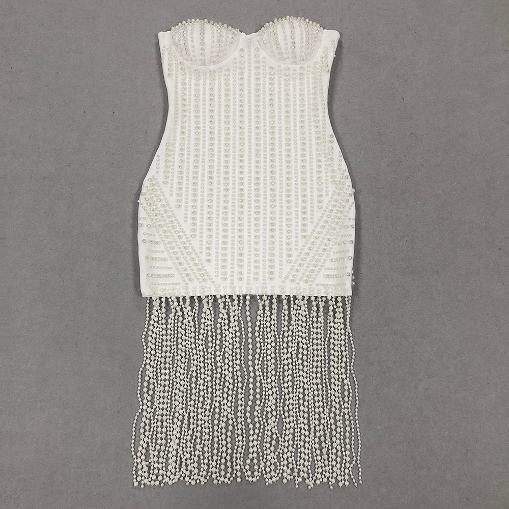 Strapless Bustier Pearl Tassel Midi Dress HV1353