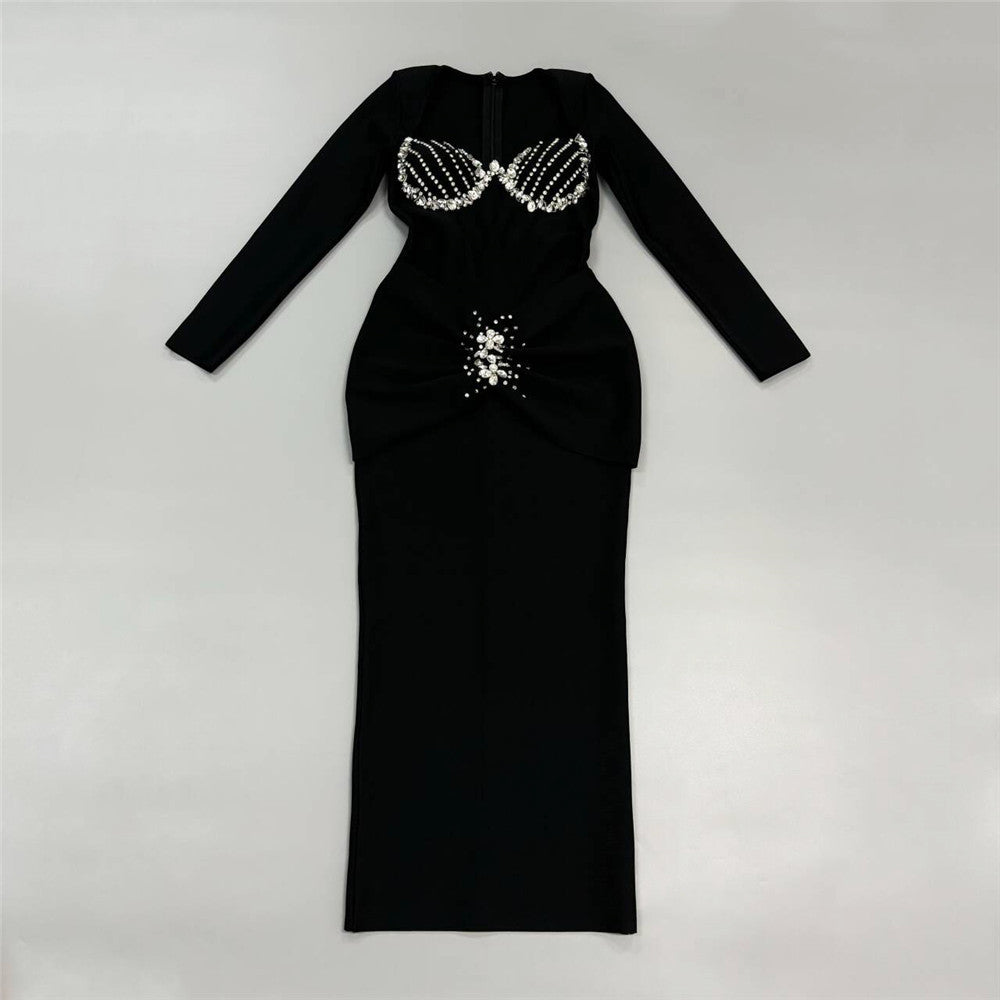 Long Sleeve Crystal Bustier Draped Maxi Dress Black HV2005