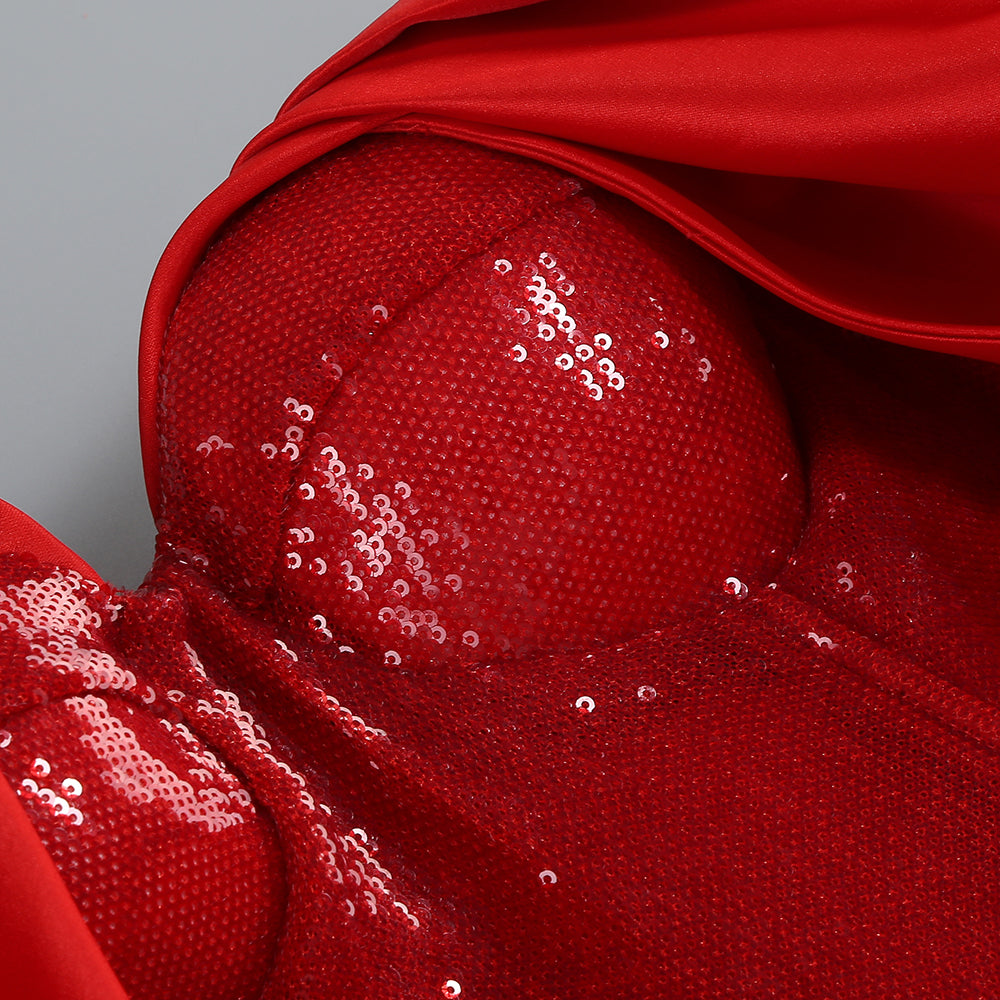 Bardot Sequin Bustier Puff Dress Red