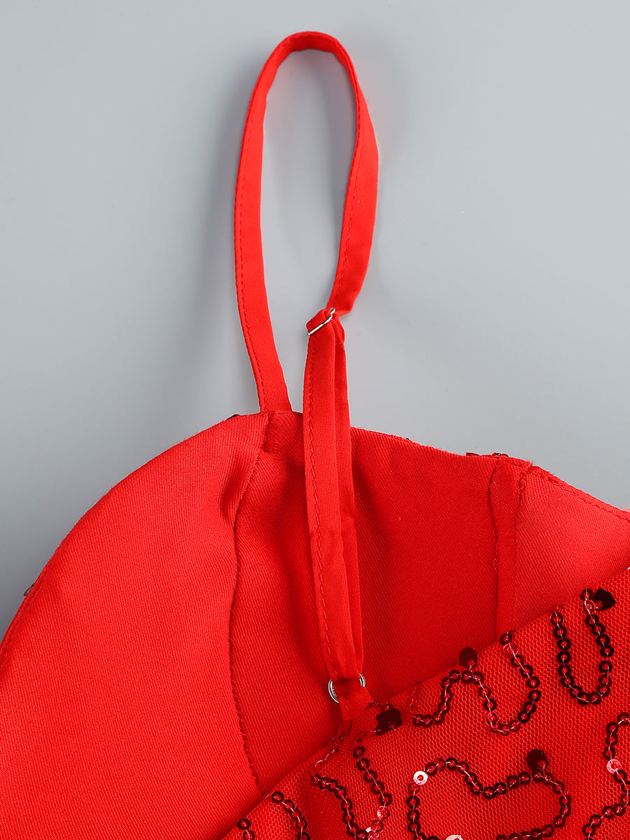 Bustier Sequin Ruffle Maxi Dress Red