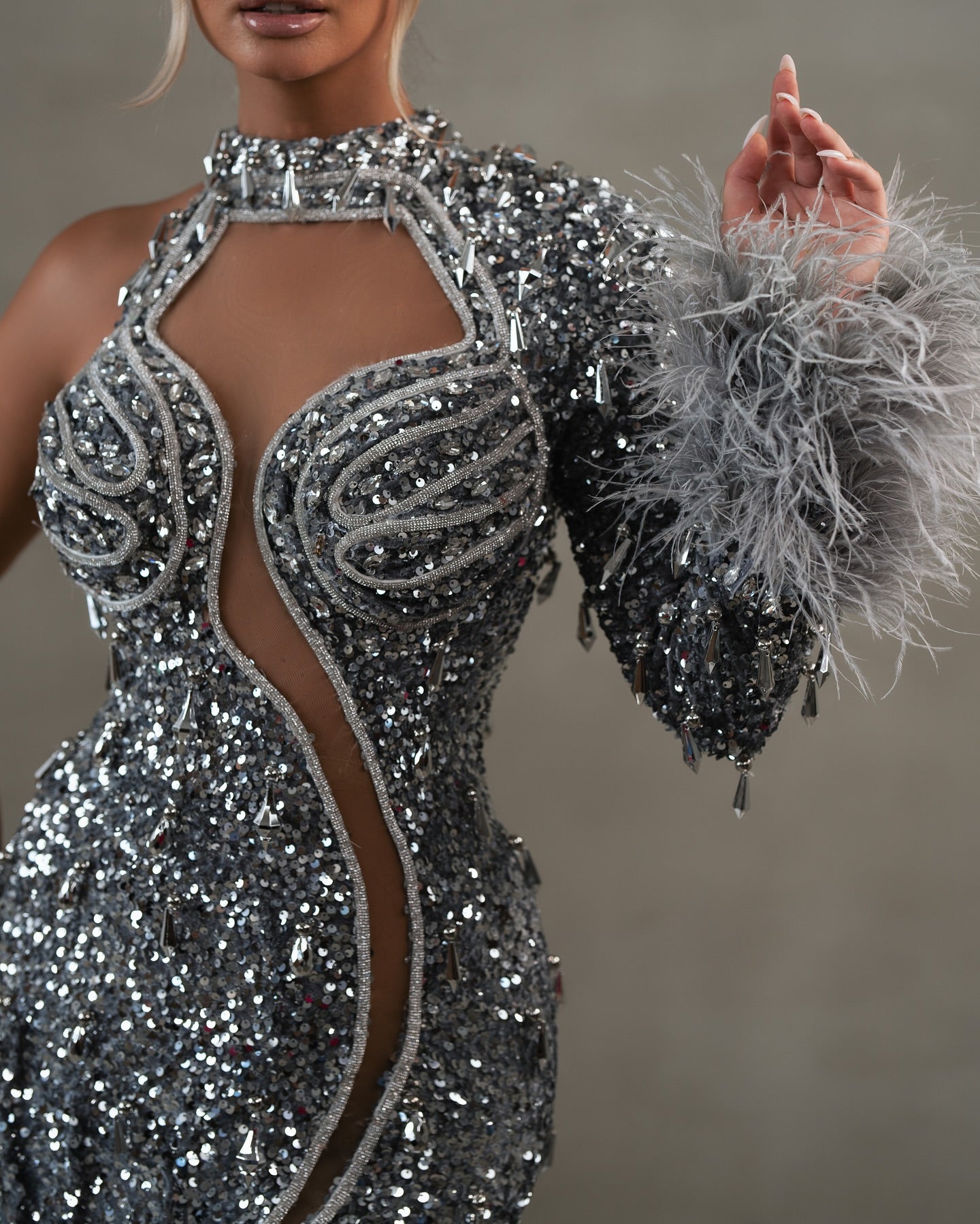 One Sleeve Sequin Maxi Dress Grey HV2229