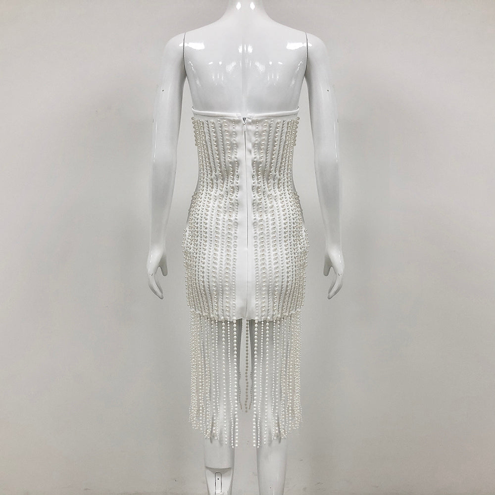 Strapless Bustier Pearl Tassel Midi Dress HV1353