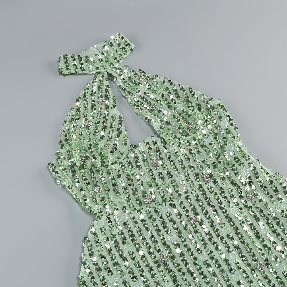 Halter Crystal Sequin Dress Green HV1372