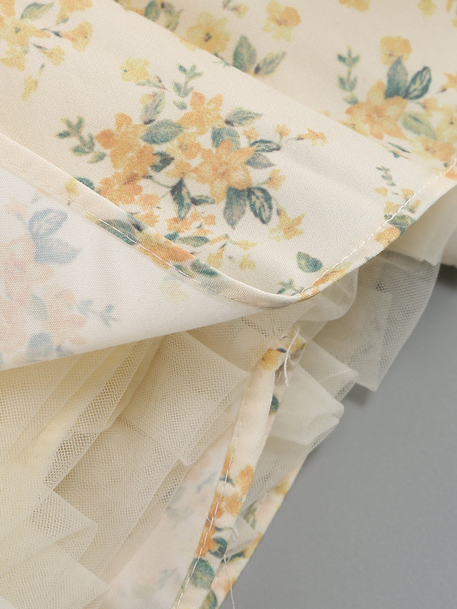Short Sleeve Floral A Line Dress Yellow HV1205