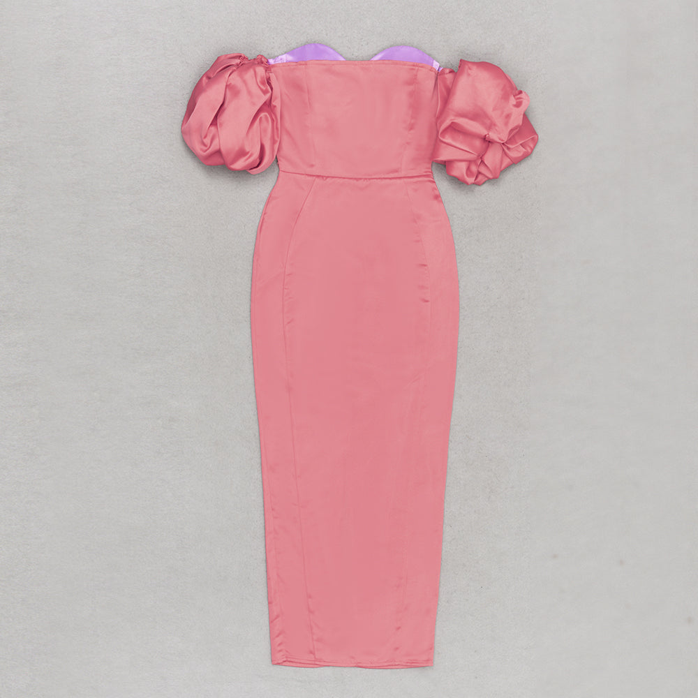 Puff Sleeve Off Shoulder Midi Dress Pink Lavender HV9376