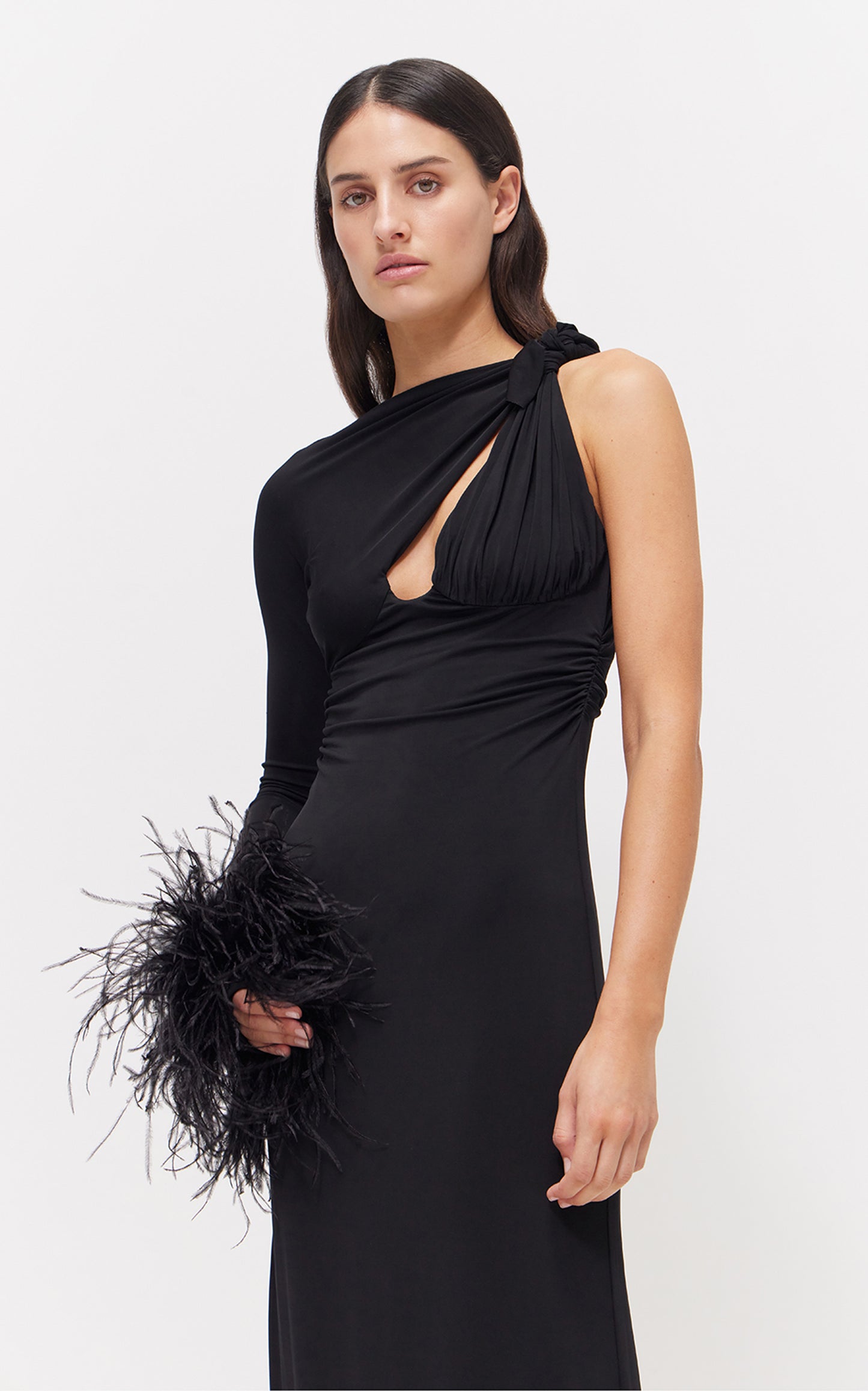 One Sleeve Feather Maxi Dress Black HV1081