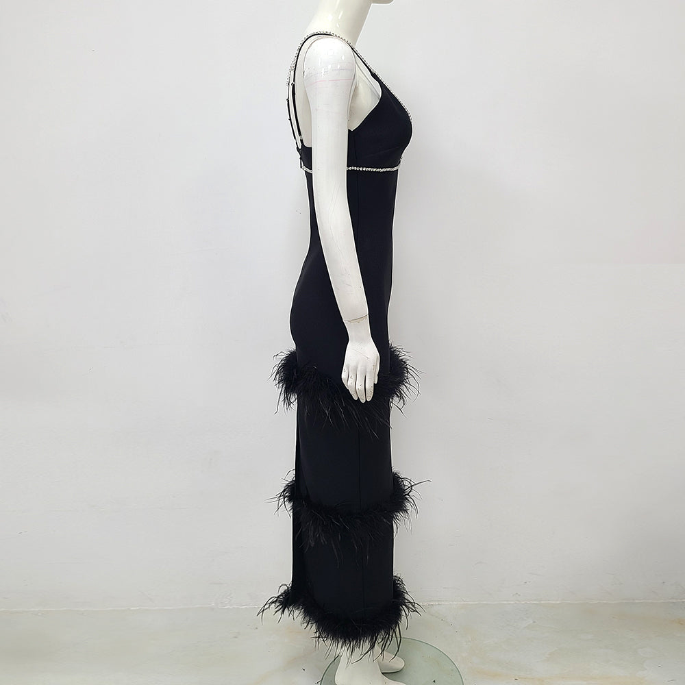 Crystal Trim Feather Detail Maxi Dress Black