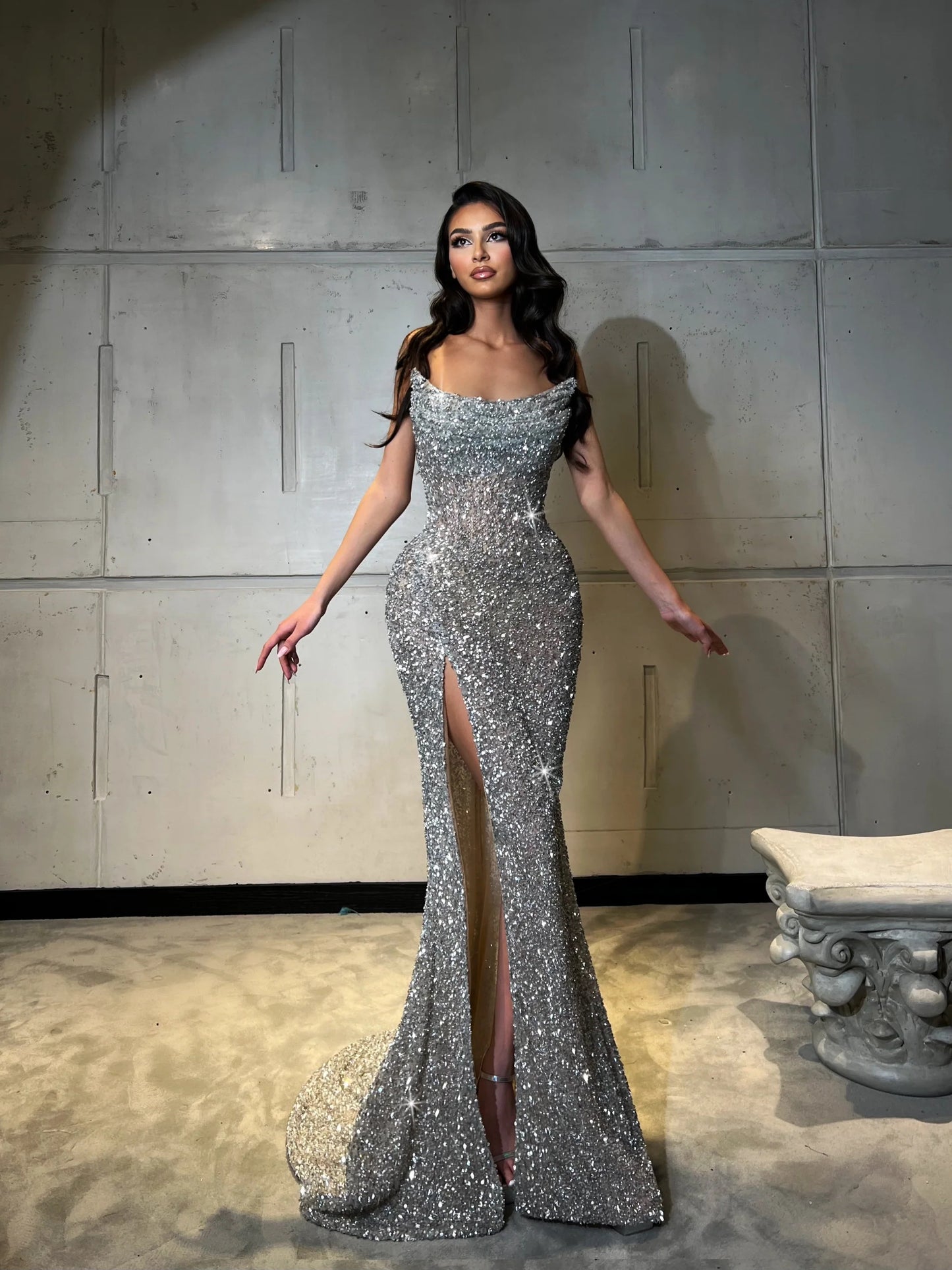 Strapless Sequin Maxi Mermaid Dress Silver HV1759