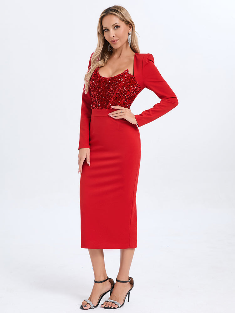 Long Sleeve Sequin Insert Midi Dress  HV1565