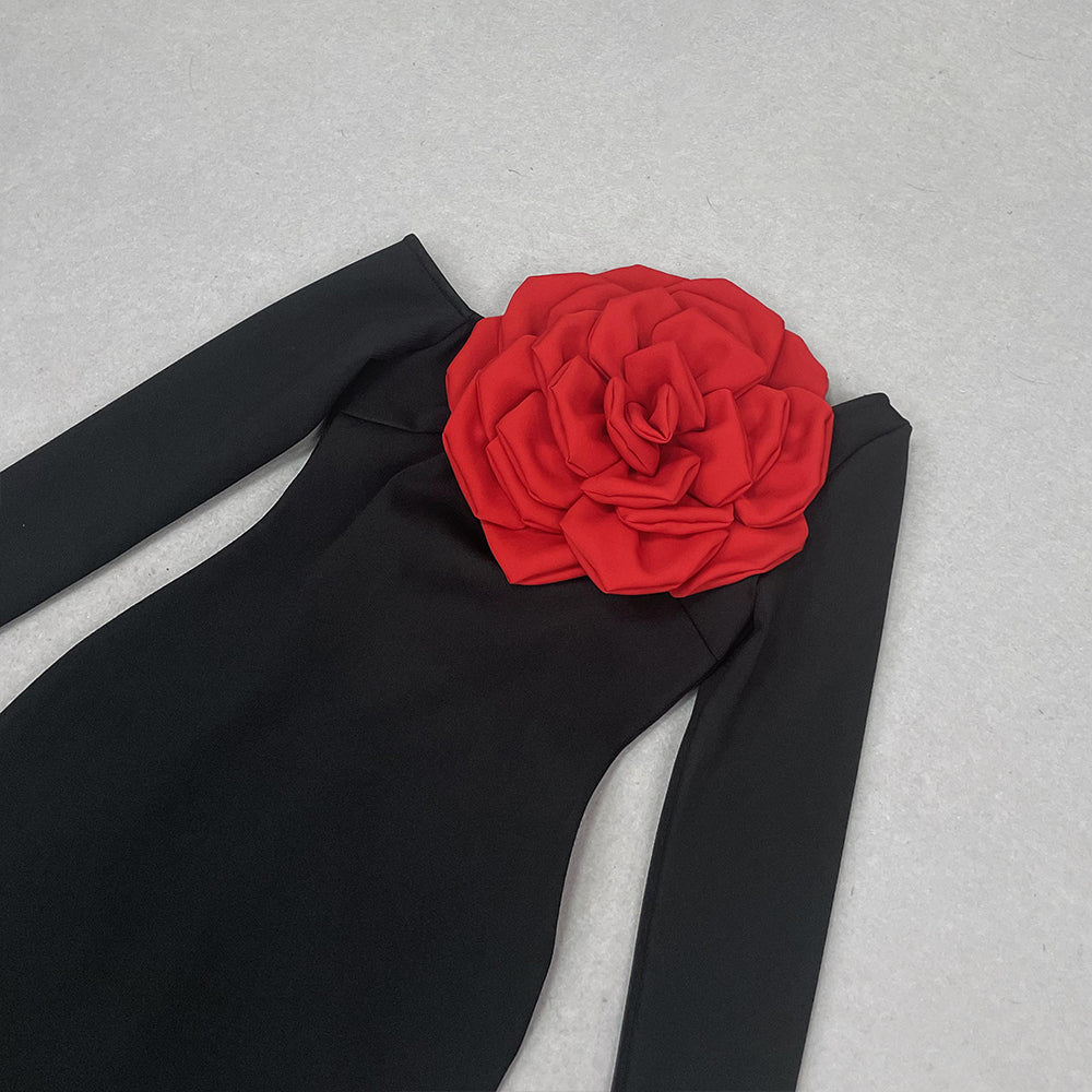 Long Sleeve Rose Detail Maxi Dress Black Red HV1031