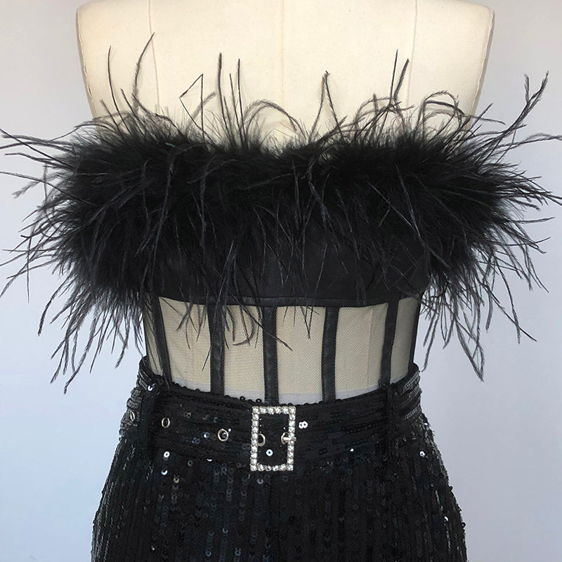 Strapless Feather Sequin Jumpsuit Black HV1549