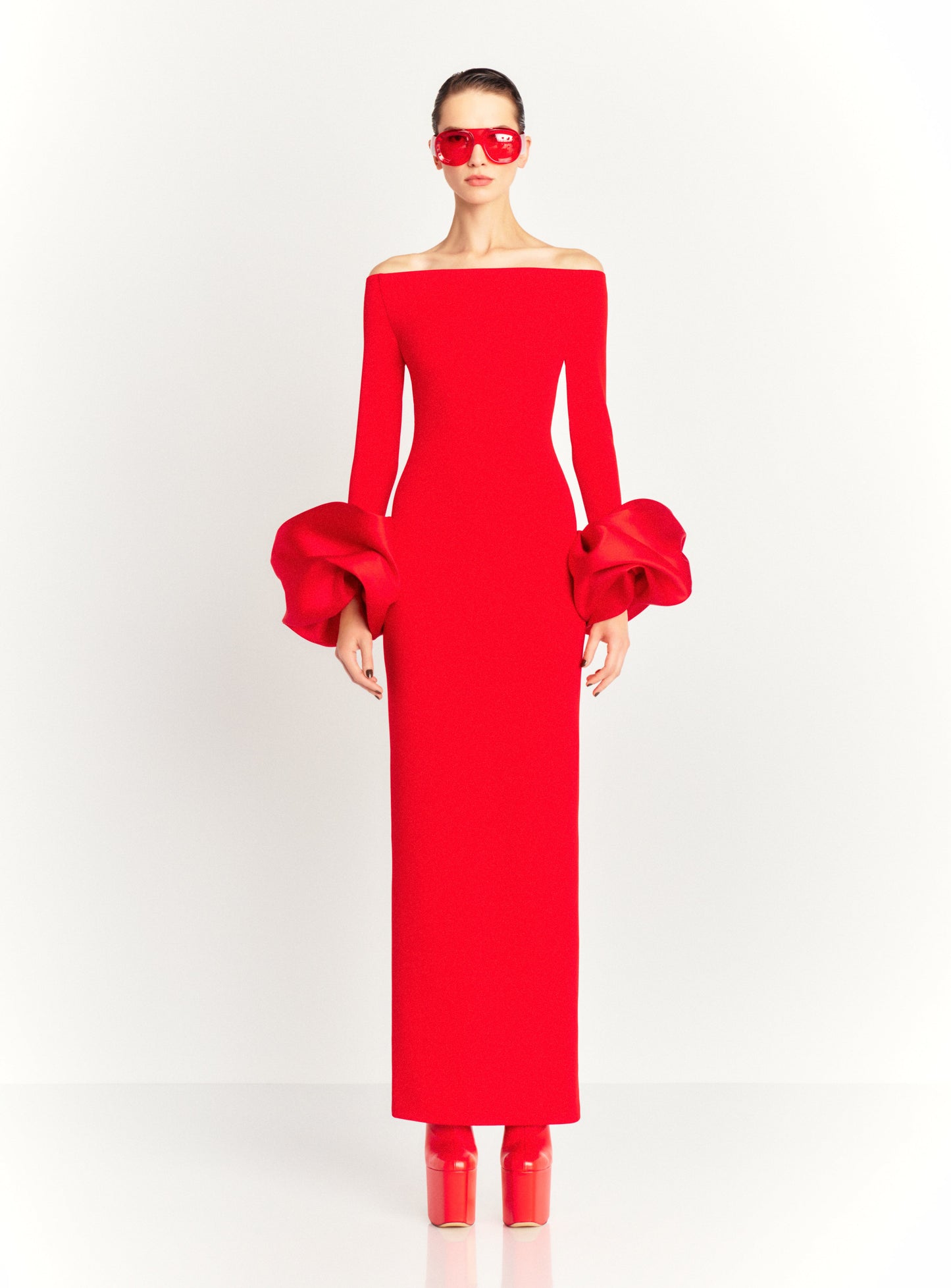 Long Sleeve Bardot Maxi Dress Red HV1855