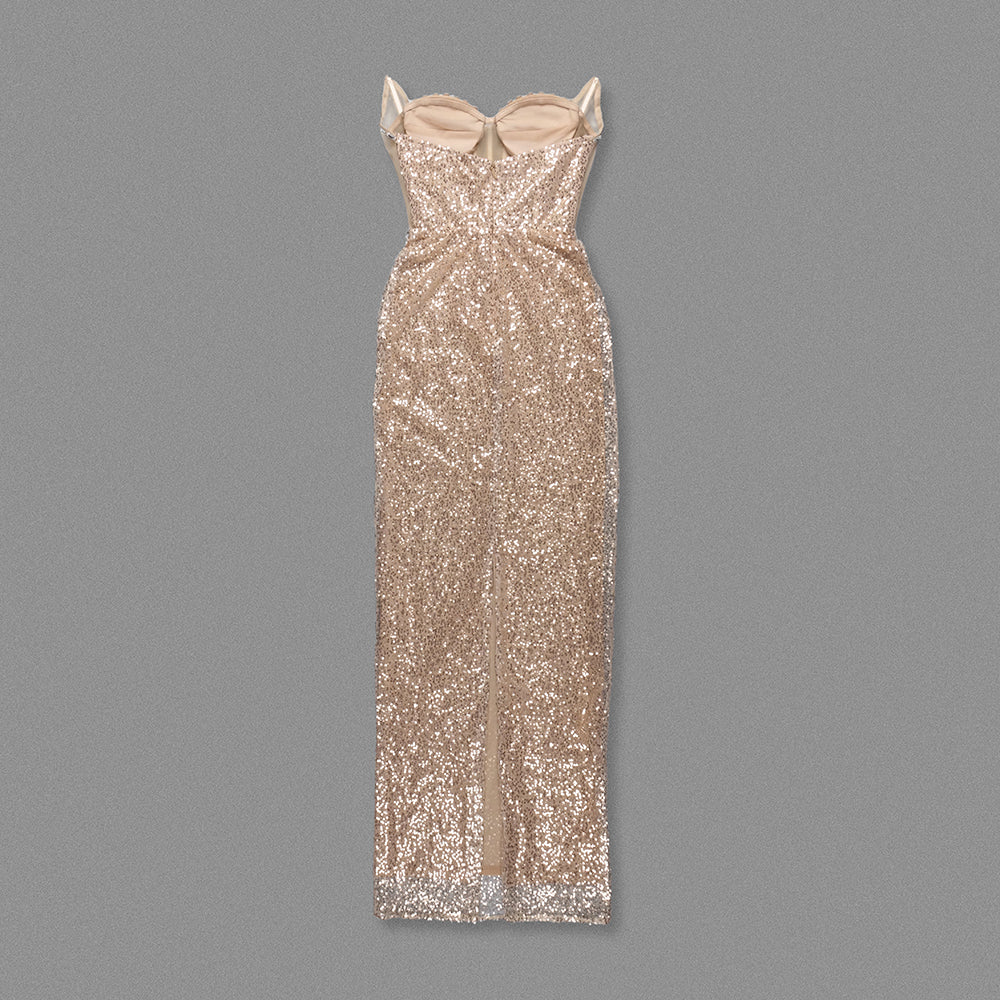 Strapless Crystal Corset Sequin Maxi Dress Gold HV1959