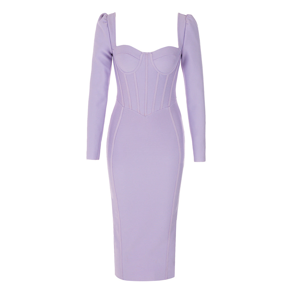 Long Sleeve Corset Design Midi Dress HV9755