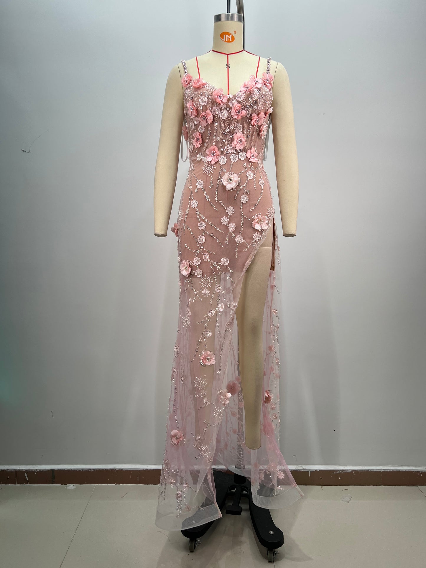 Long Sleeve Floral Sequin Maxi Dress Silver HV1784