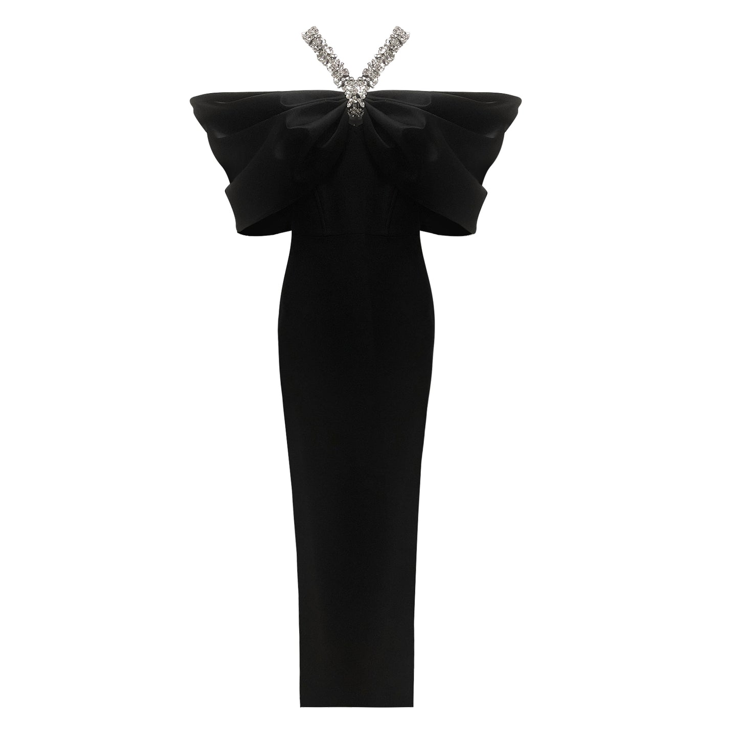 Halter Crystal Draped Bardot Maxi Dress