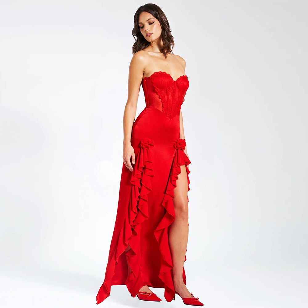 Strapless Lace Corset Ruffle Maxi Dress HV1025