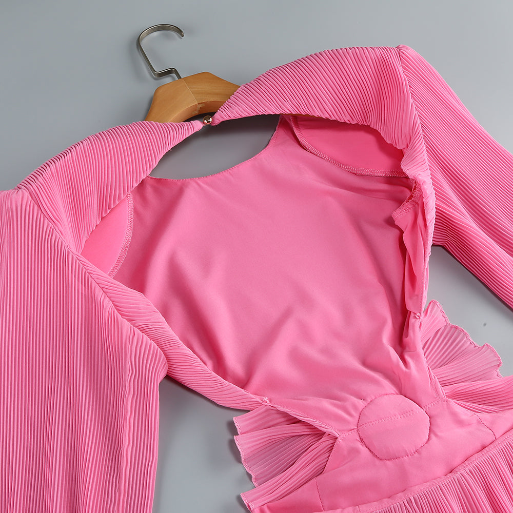 Long Sleeve Floral Backless Dress Hot Pink HV1526