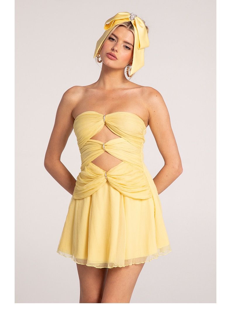 Strapless Ruched A Line Dress Yellow HV1651